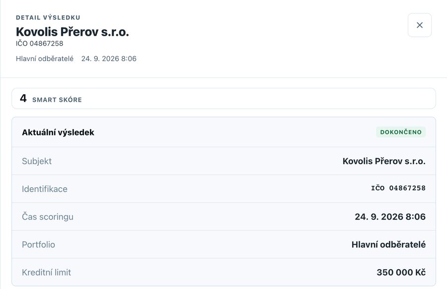 Detail subjektu se Smart skóre a doporučeným kreditním limitem